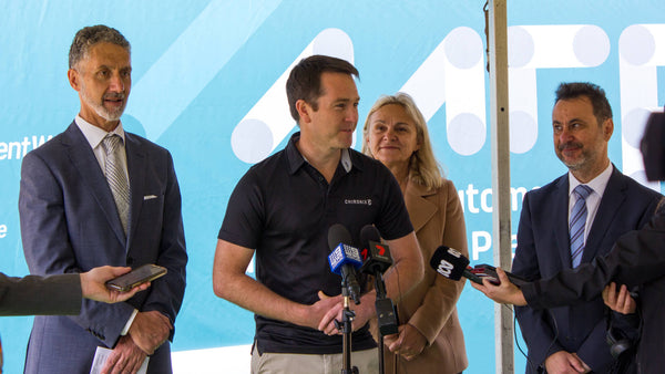 Press Conference photo featuring WA minister for lands Toni Buti, Development WA CEO Frank Marra and Parliamentary Secretary Sabine Elisabeth Winton and director of Chironix Daniel Milford